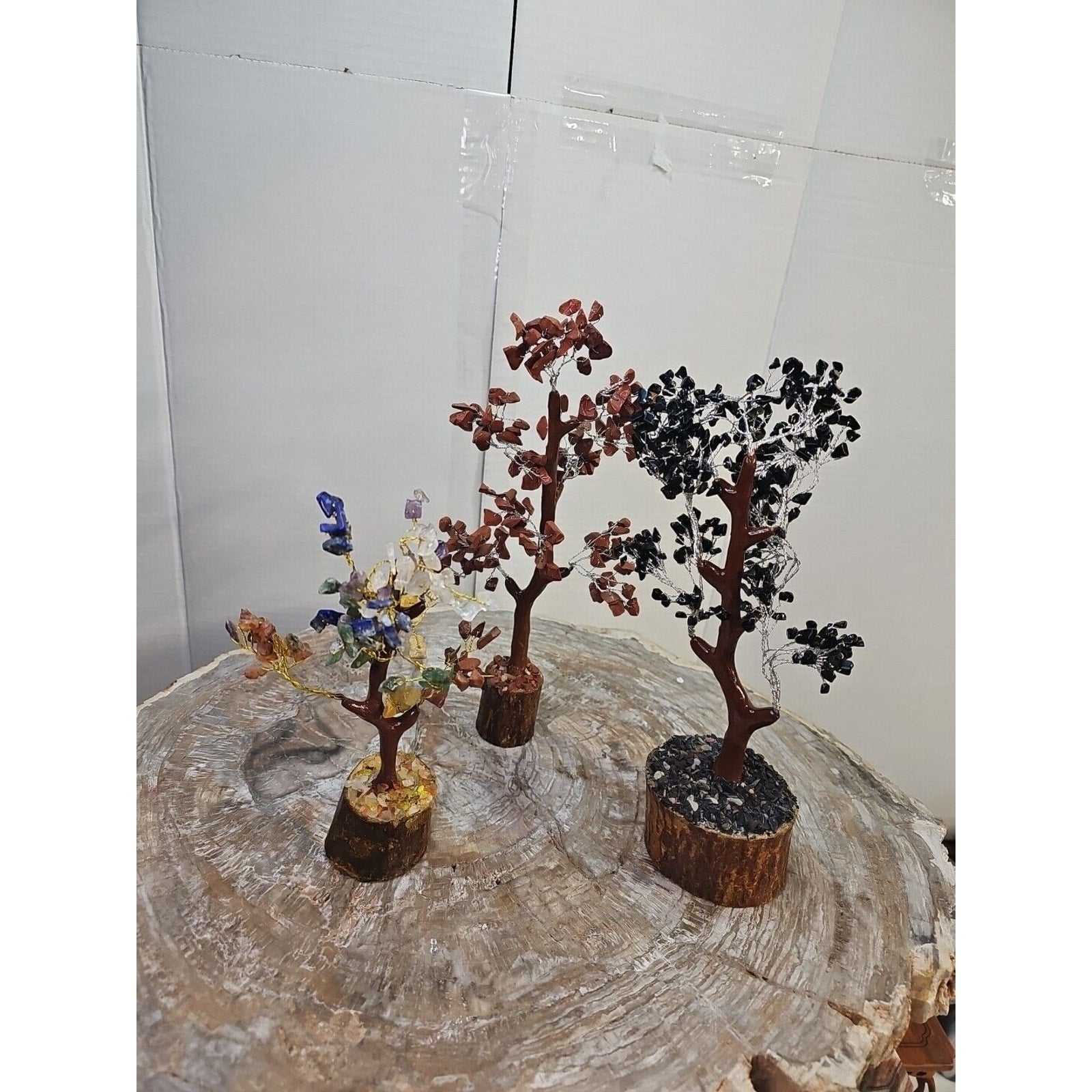 3 Pcs 300 Carnelian+Amethyst+Crystal Gemstones Golden Branches Bonsai Tree