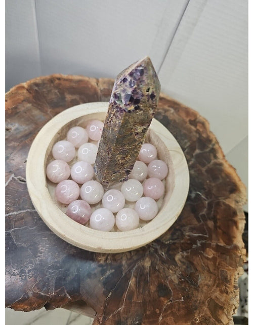 Load image into Gallery viewer, 1.90LB 1Pcs Natural Purple Tower &amp; 22 Rose Quartz Crystal Spheres W/wood Bowl
