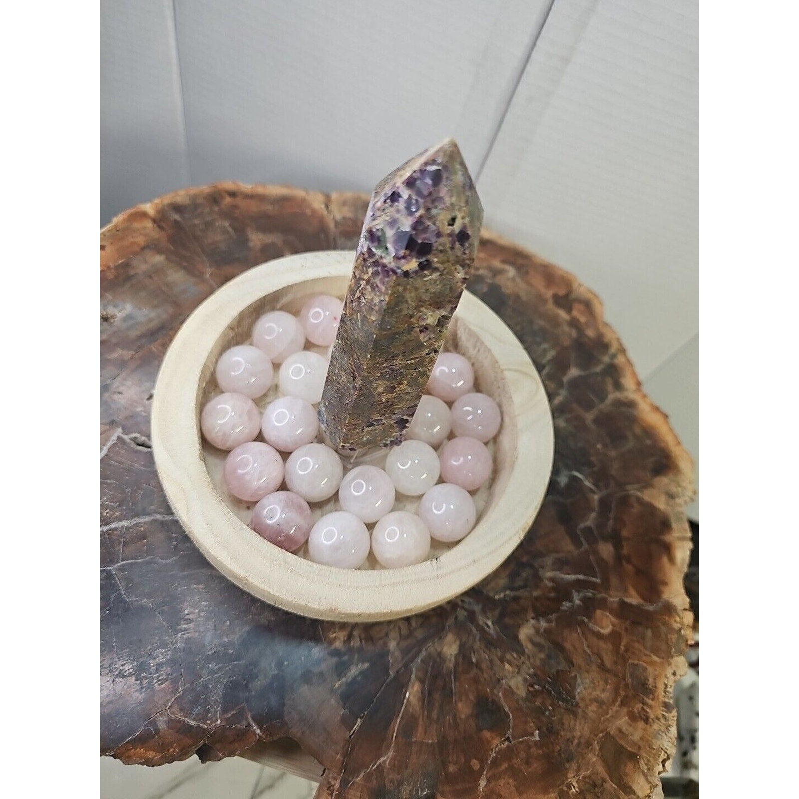 1.90LB 1Pcs Natural Purple Tower & 22 Rose Quartz Crystal Spheres W/wood Bowl