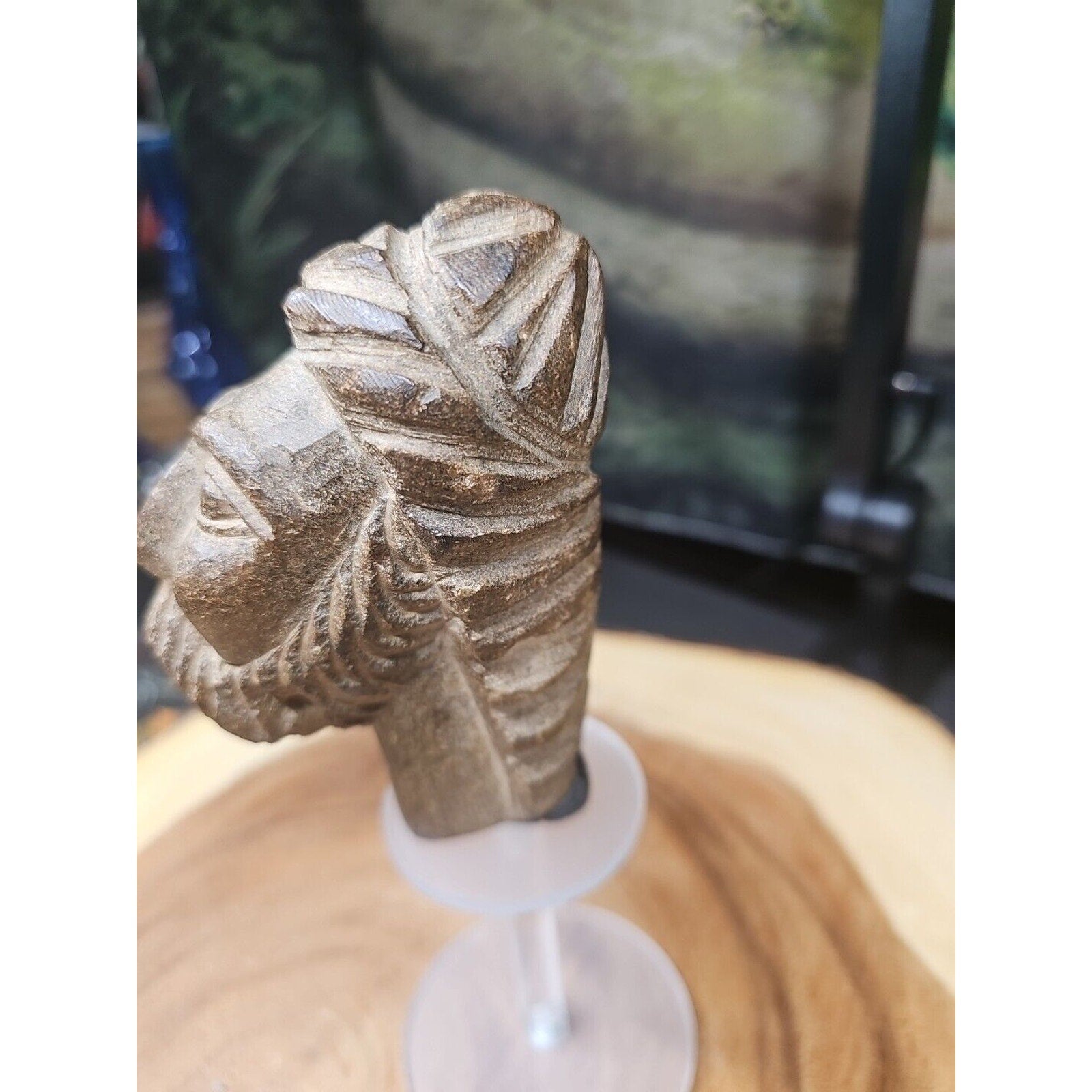 Vintage ABSTRACT STONE HEAD Sculpture Stone 1 lb W/Stand