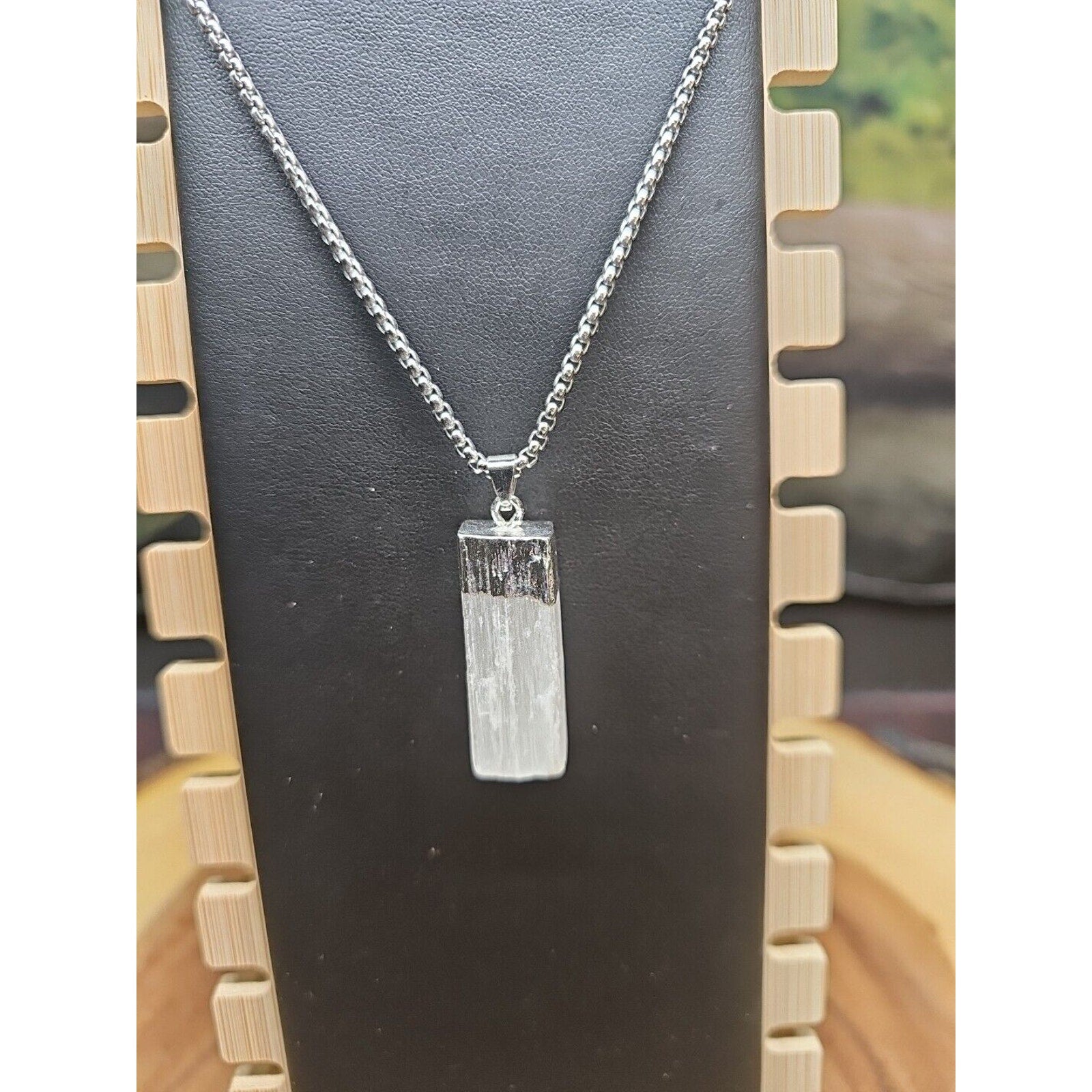 Selenite Crystal Necklace 18in Stainless Steel Chain Protection Healing