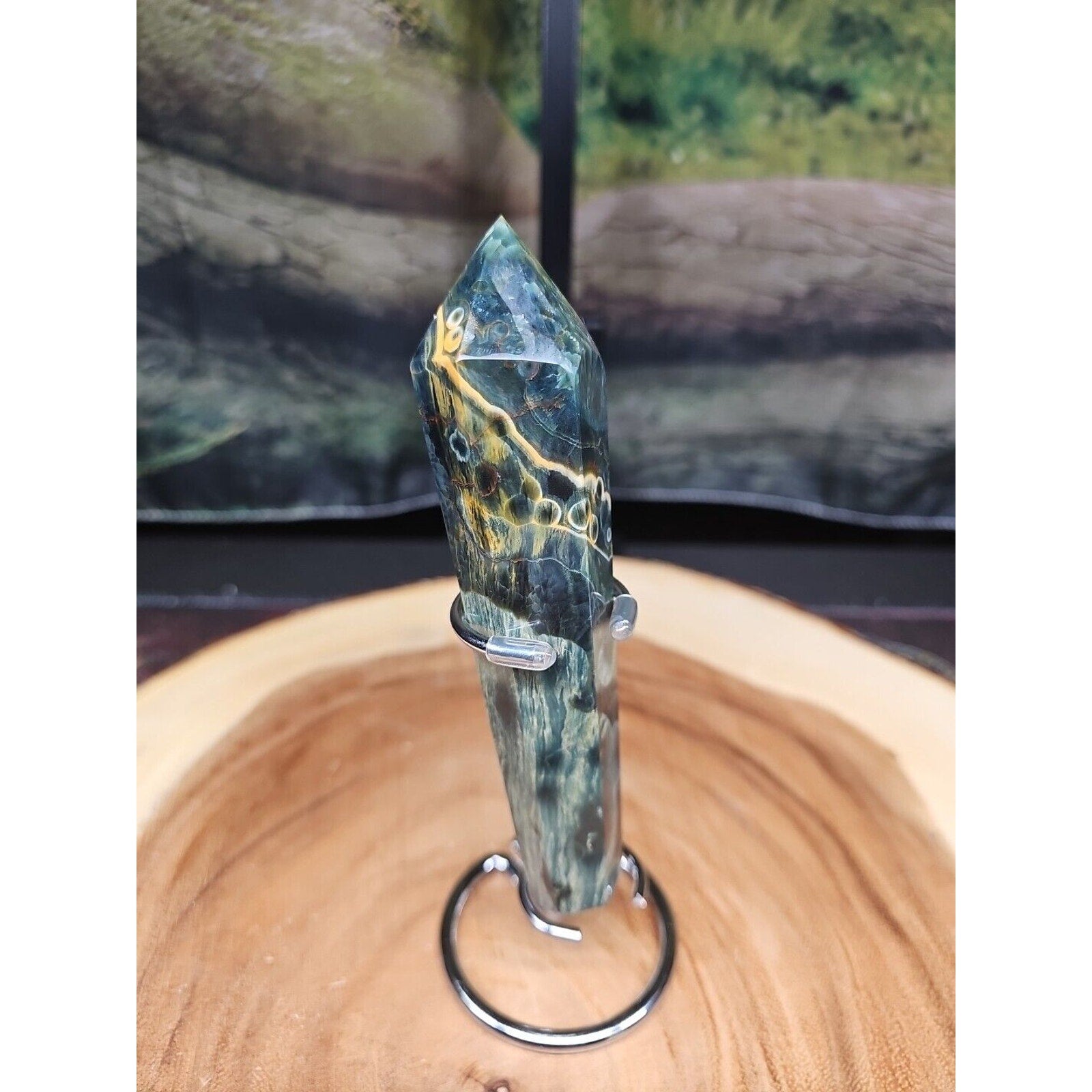 Moss Agate Generator W/Stand 220grams