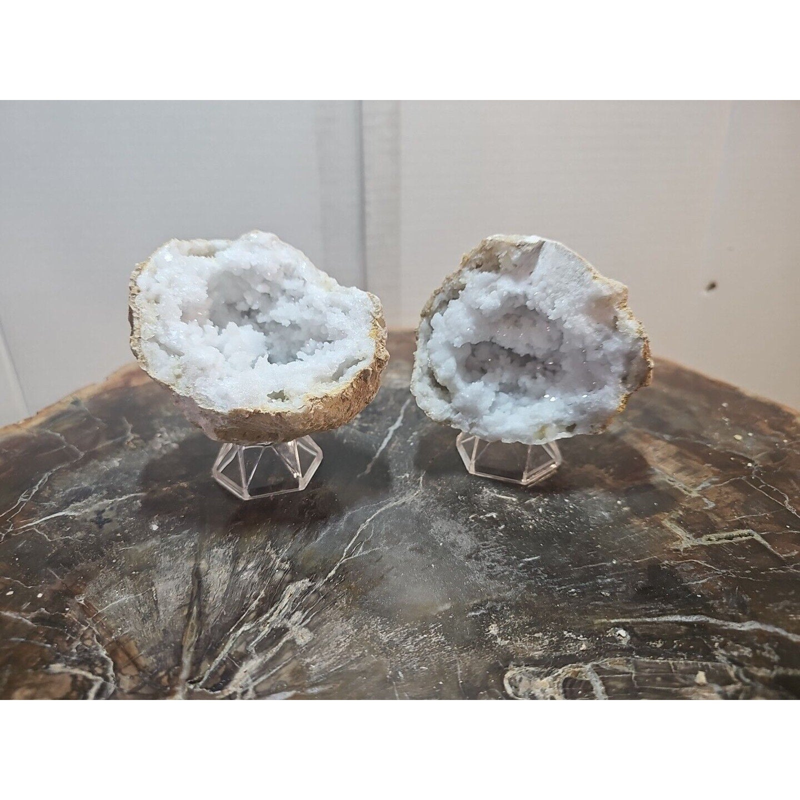 1.18lbs Pair Geode Crystal Moroccan Quartz W /Stands