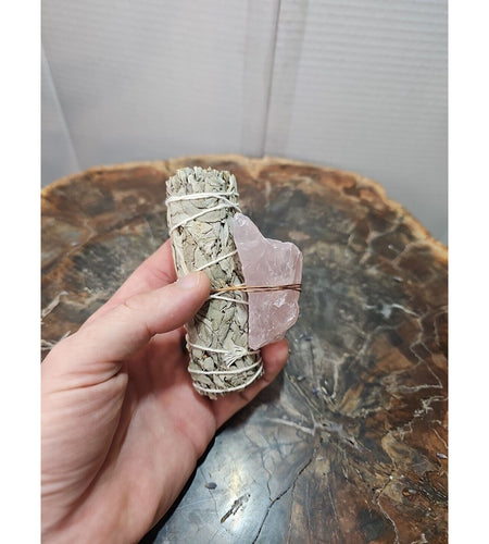 Sage wrapped crystal W/ Huge Rose Quartz Healing