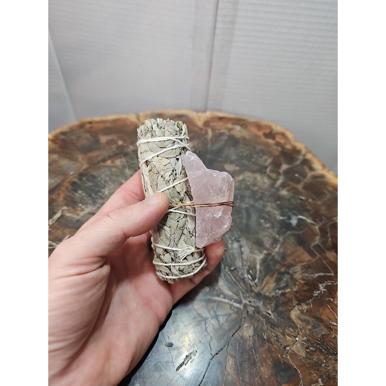 Sage wrapped crystal W/ Huge Rose Quartz Healing