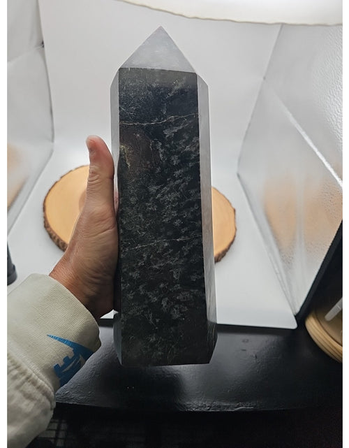 Load image into Gallery viewer, 8.23lb Arfvedsonite Garnet Blue Flashes Crystal Point Tower Polished
