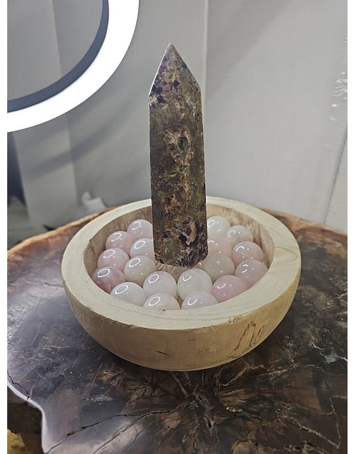 Load image into Gallery viewer, 1.90LB 1Pcs Natural Purple Tower &amp; 22 Rose Quartz Crystal Spheres W/wood Bowl
