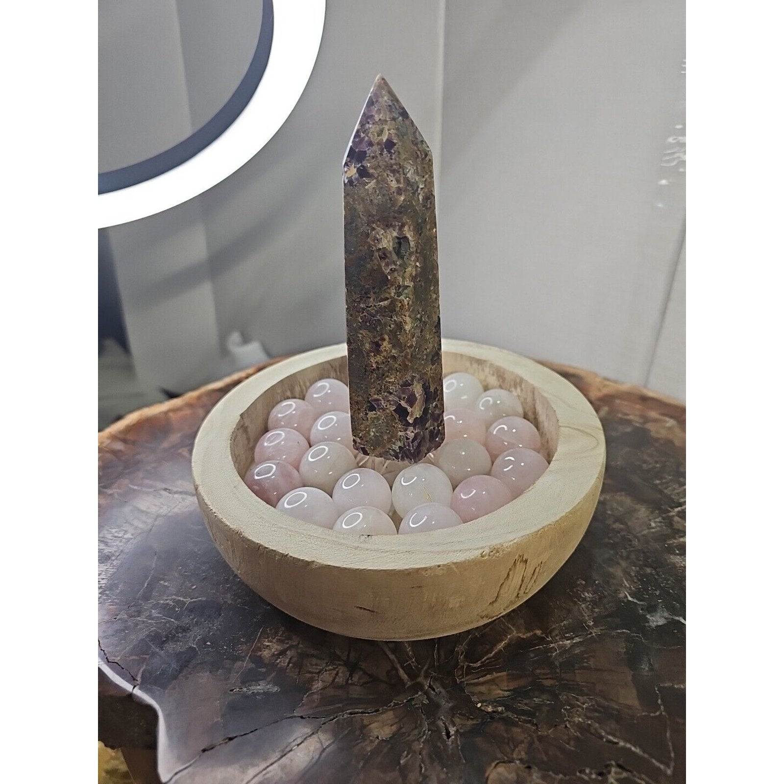 1.90LB 1Pcs Natural Purple Tower & 22 Rose Quartz Crystal Spheres W/wood Bowl
