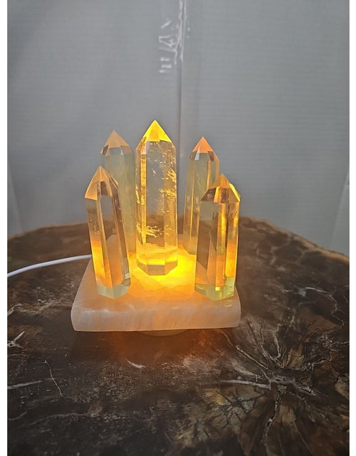 Load image into Gallery viewer, 1.34LB 5Pcs Yellow Smelt Quartz Crystal Point W/Selenite Charging Base &amp; Led
