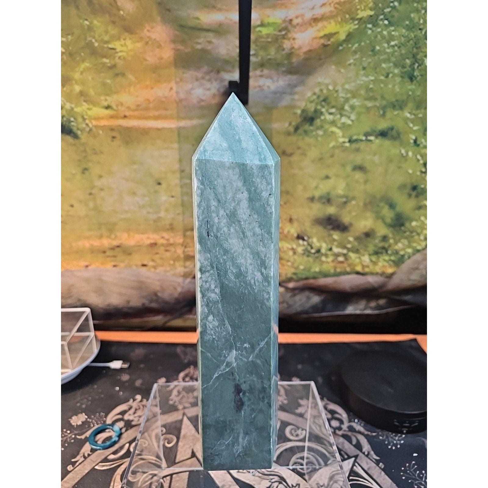 5.04lbs 11.5in Tall Green Jasper Crystal Point Tower Healing