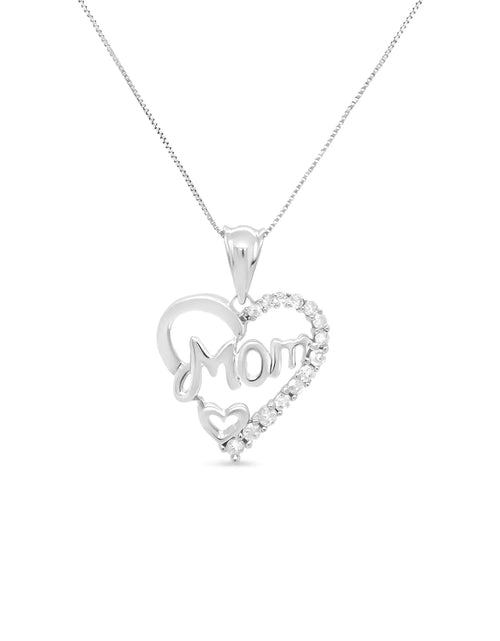 Load image into Gallery viewer, .925 Sterling Silver 1/4 Cttw Round Diamond &quot;Mom&quot; Openwork Heart Pendant 18&quot; Necklace (I-J Color, I2-I3 Clarity)
