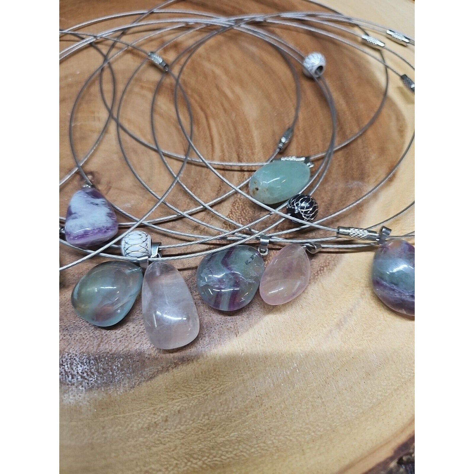 Natural stone 16in pendant necklace, stainless steel 10pc Wholesale lot