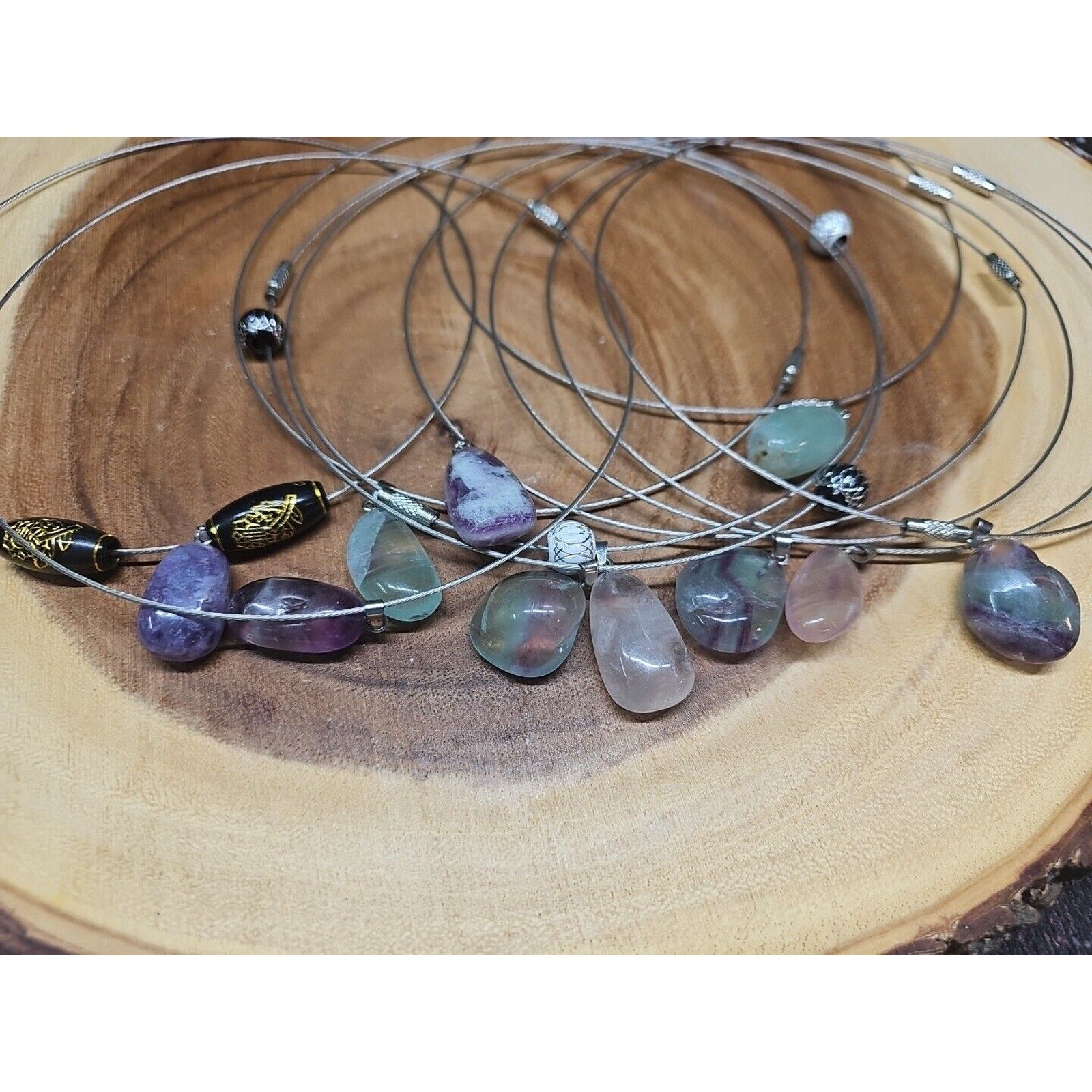 Natural stone 16in pendant necklace, stainless steel 10pc Wholesale lot