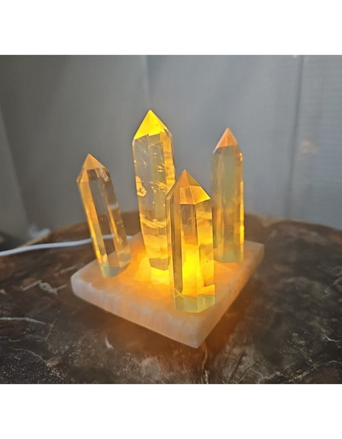 Load image into Gallery viewer, 1.34LB 5Pcs Yellow Smelt Quartz Crystal Point W/Selenite Charging Base &amp; Led
