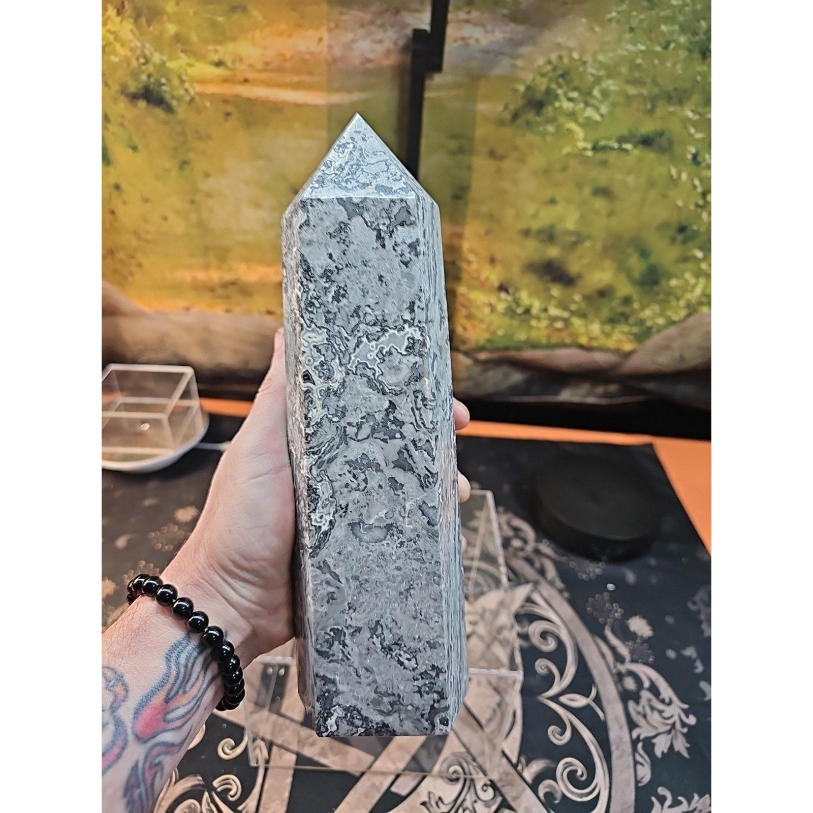 4.83lb 10in Tall Crazy Lace Jasper Crystal Point Tower Healing