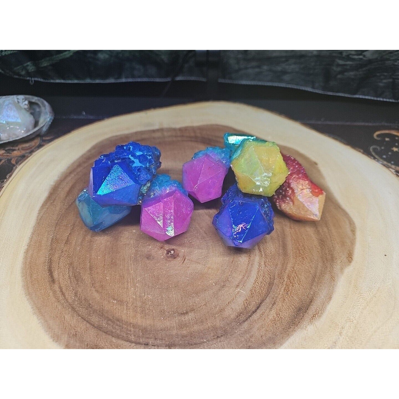 1.75LB 7Pcs Rainbow Aqua Aura Quartz Crystal Cluster Points Titanium Coating