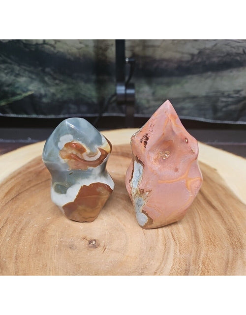Load image into Gallery viewer, 1.40LB 2Pcs Natural Polychrome Ocean Jasper Crystal Flame Point Carved Healing
