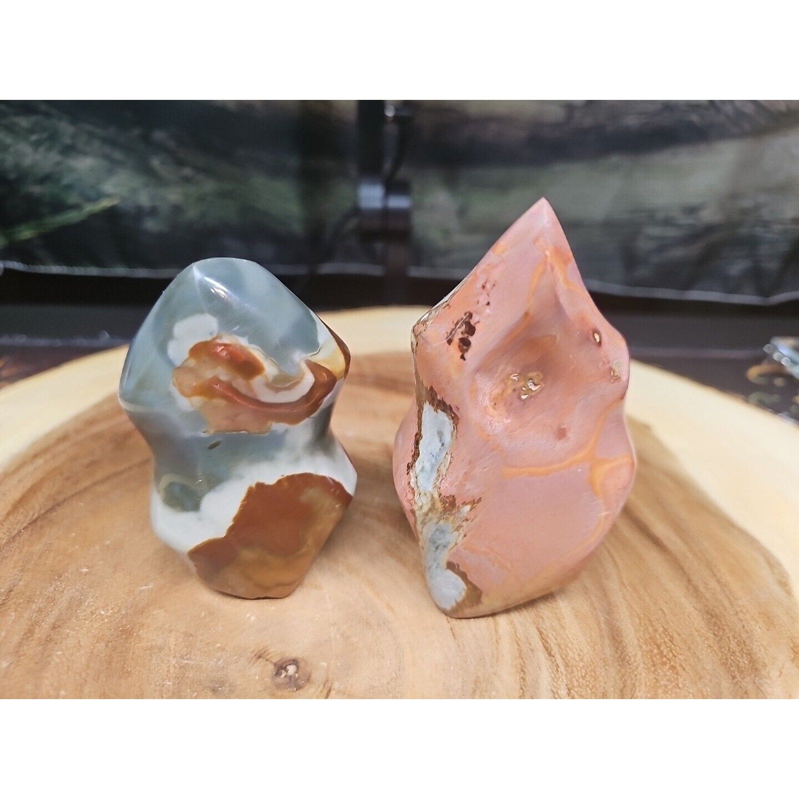 1.40LB 2Pcs Natural Polychrome Ocean Jasper Crystal Flame Point Carved Healing