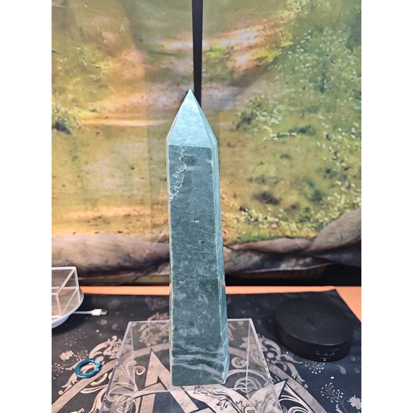 4.69lbs 12in Tall Green Jasper Crystal Point Tower Healing