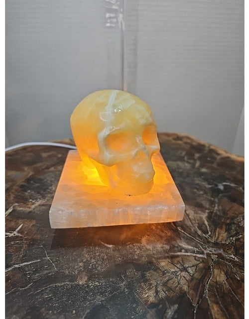 Load image into Gallery viewer, 2.17LB 2Pcs Natural Translucent Calcite Crystal Skull W/satin Spar Base &amp; Led
