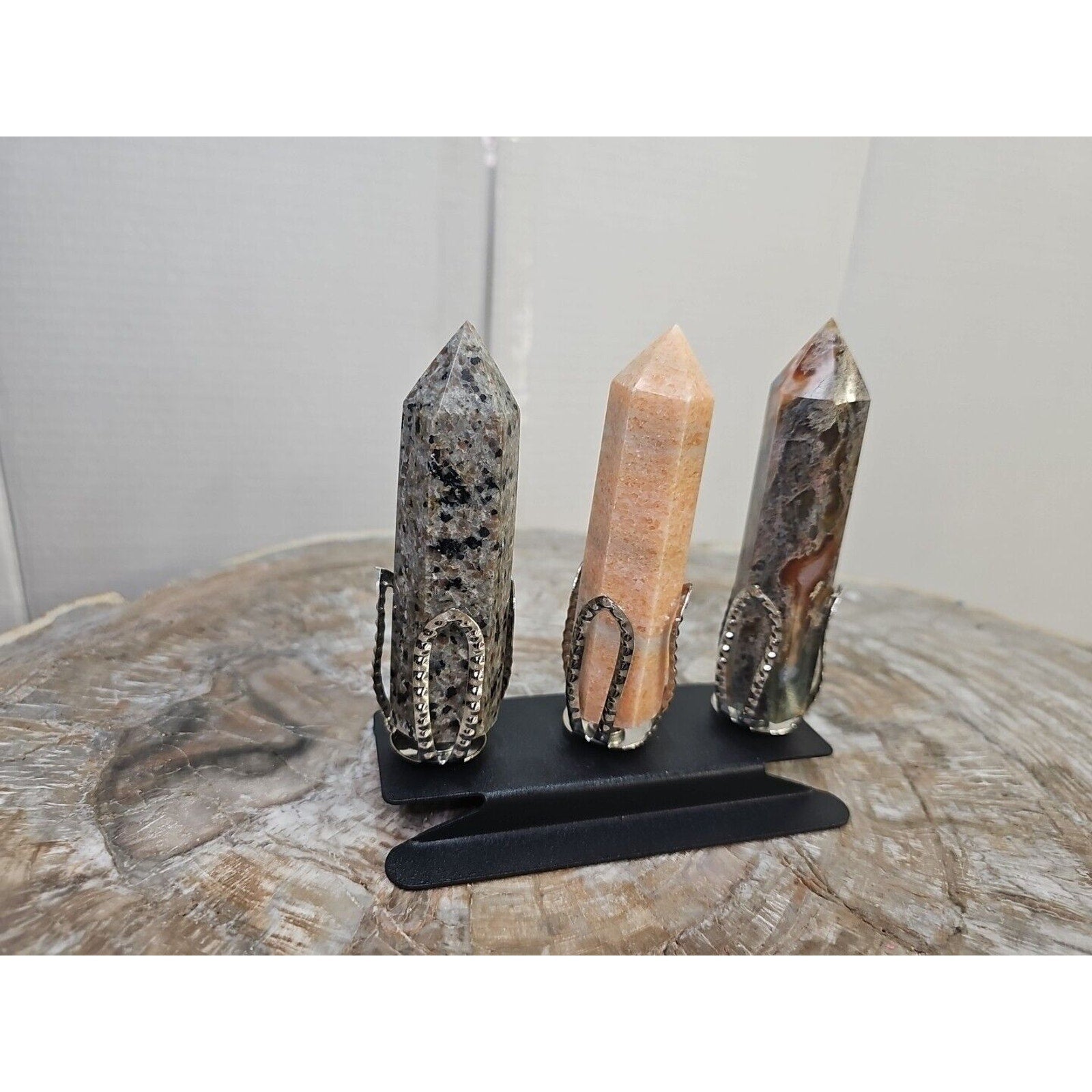 313g 3Pcs A Set Of Natural Quartz Crystal Jasper Point Tower Polished W/STAND