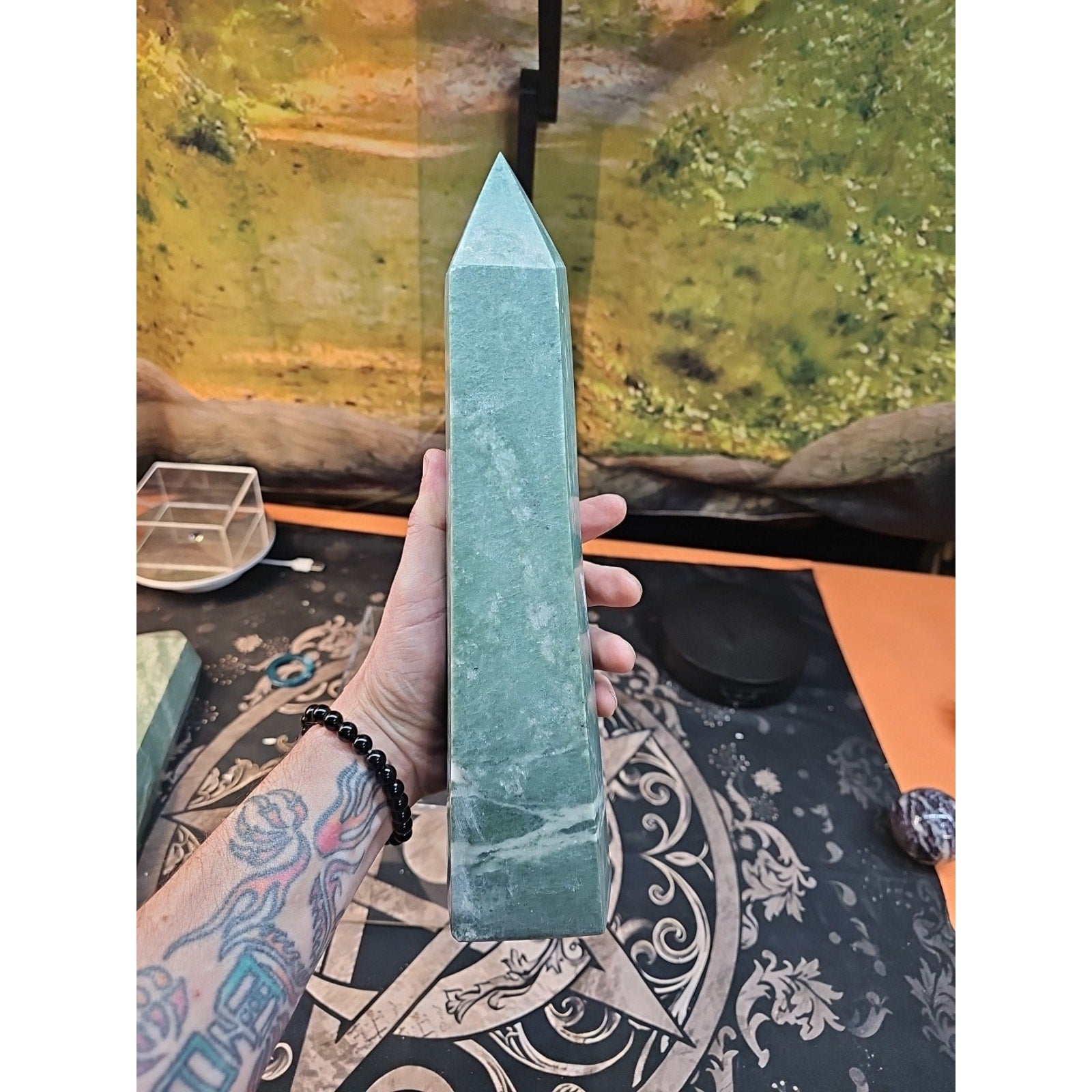 4.69lbs 12in Tall Green Jasper Crystal Point Tower Healing