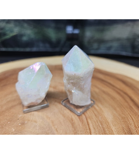 2 Titanium Aura Quartz Crystal Points On Glass Stands 121grams