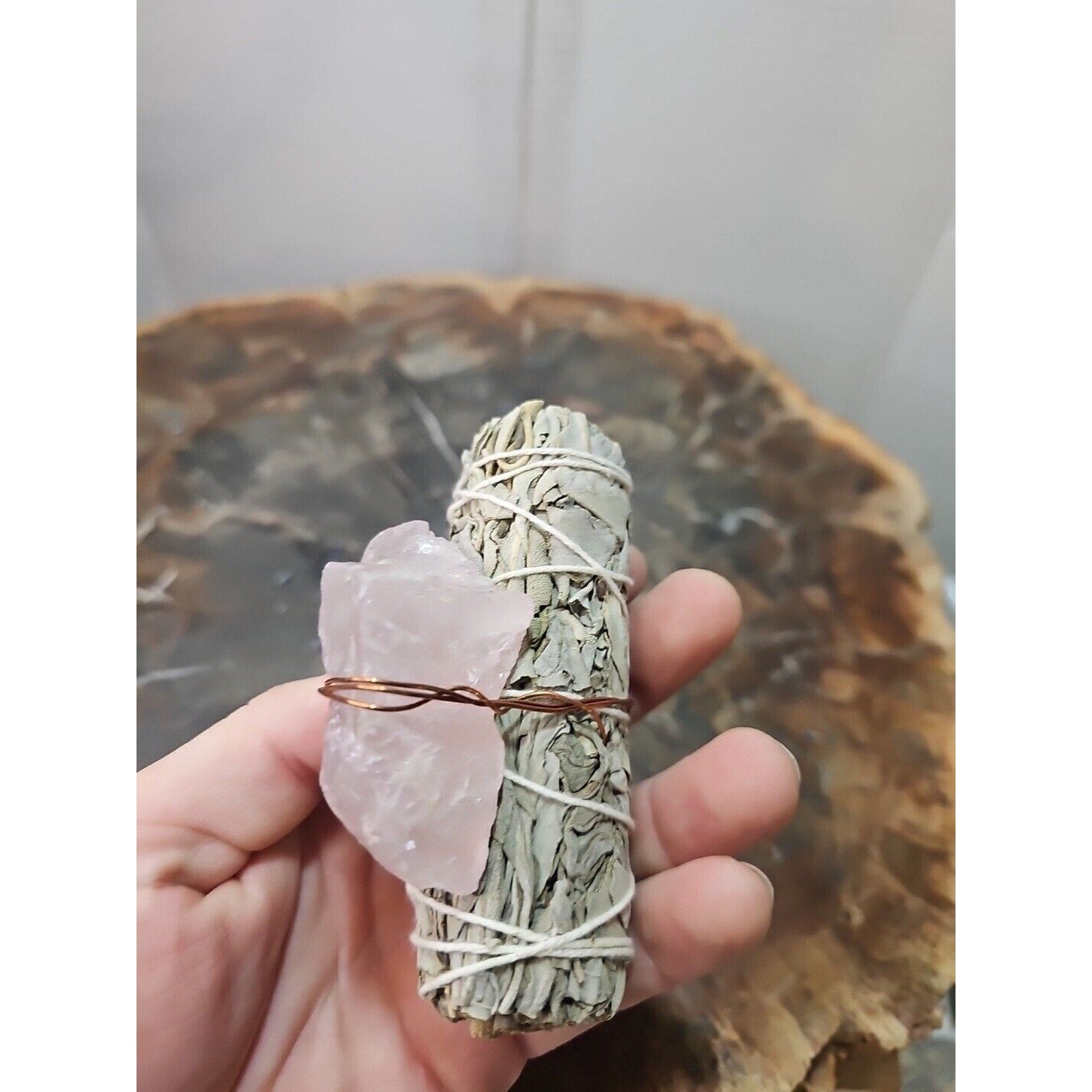 Sage wrapped crystal W/ Huge Rose Quartz Healing