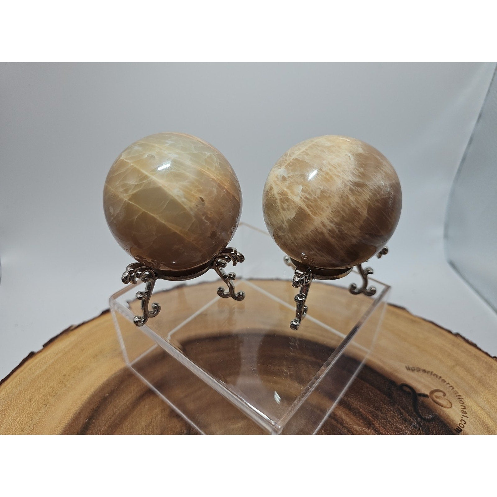 Peach Moonstone Spheres 1 Pair 55mm Each W/Stands