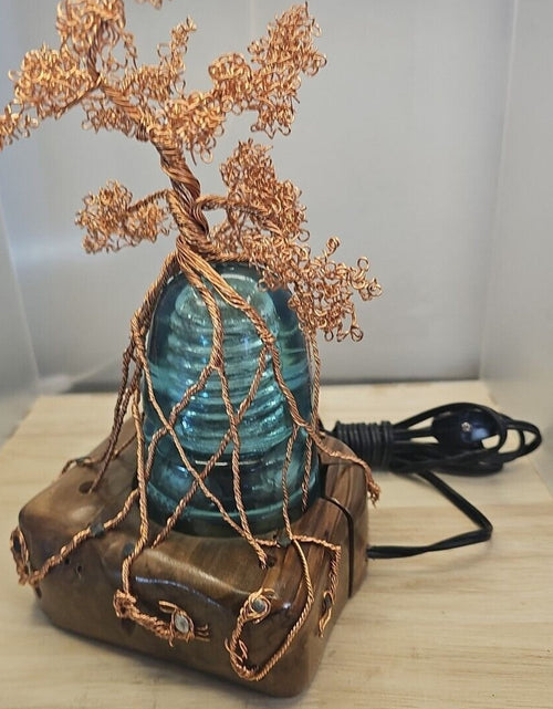Load image into Gallery viewer, Copper Wire Bonsai Tree On Lighted Glass Insulator And Wood Base 10&quot; Handcrafted
