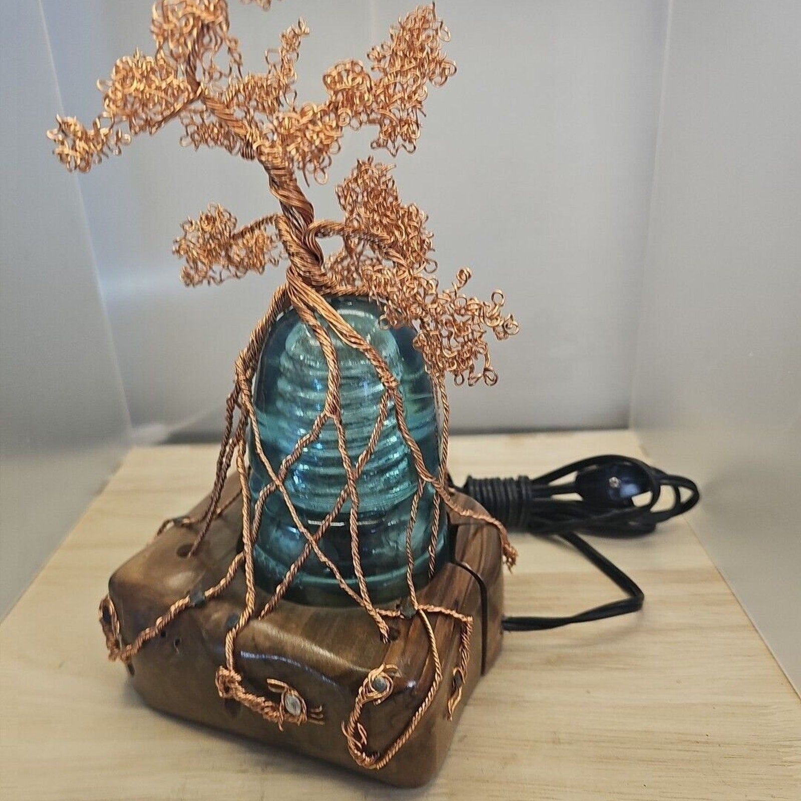 Copper Wire Bonsai Tree On Lighted Glass Insulator And Wood Base 10" Handcrafted