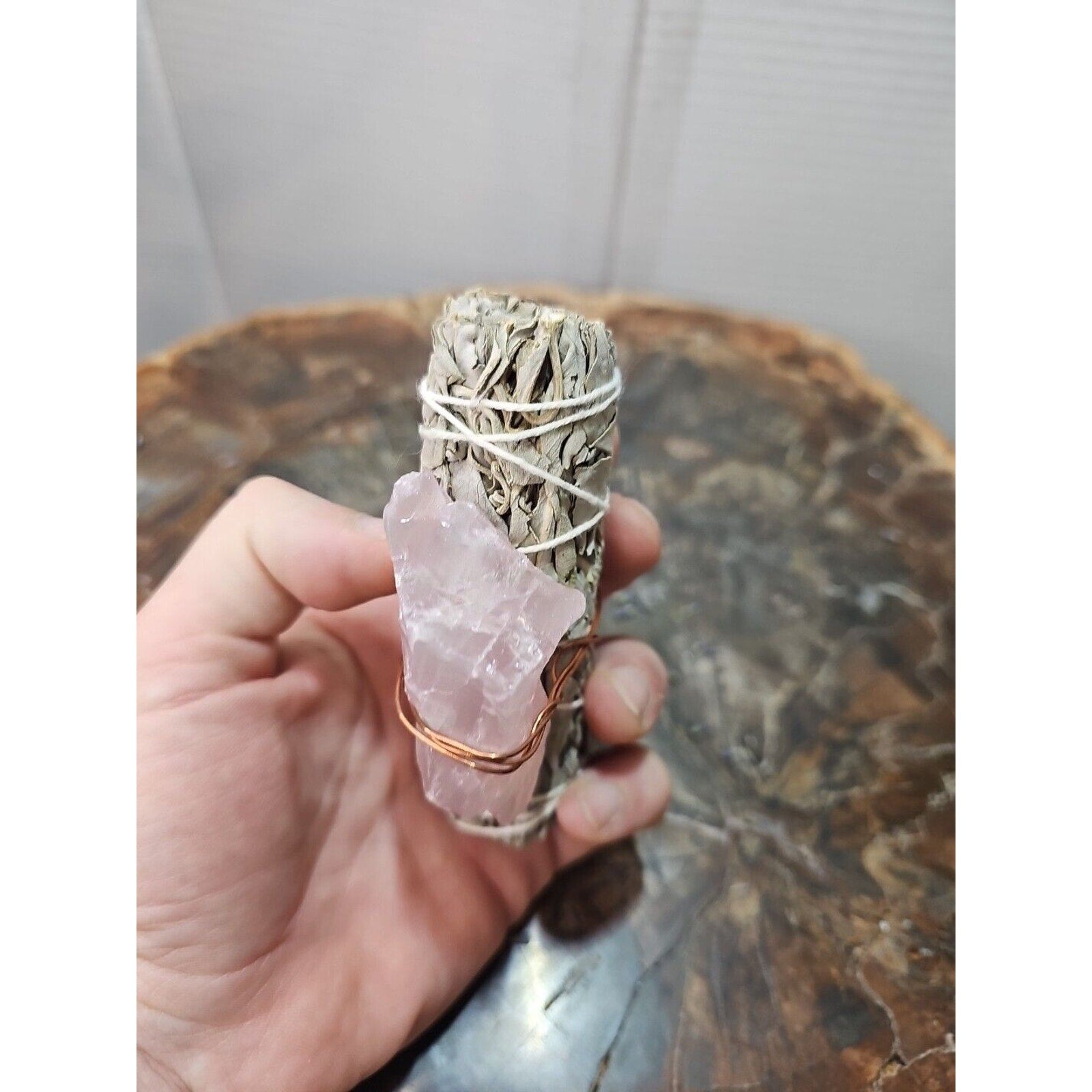 Sage wrapped crystal W/ Huge Rose Quartz Healing