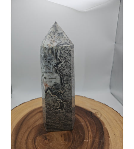 3.69LB 1Pcs Natural Gray Crazy Lace Jasper Crystal Point Tower Healing