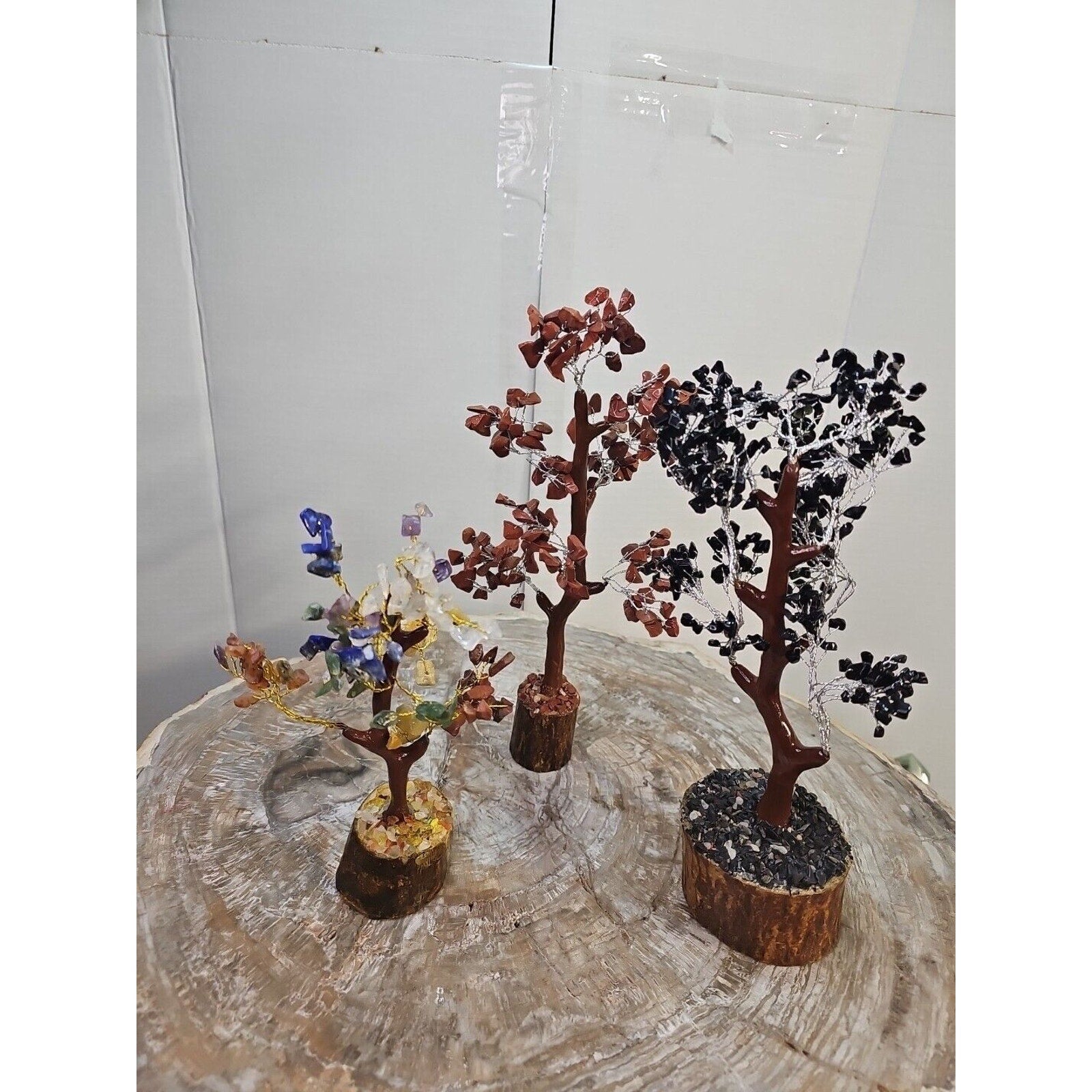 3 Pcs 300 Carnelian+Amethyst+Crystal Gemstones Golden Branches Bonsai Tree