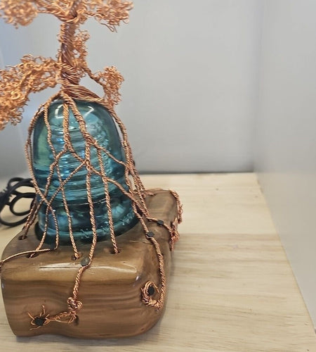 Copper Wire Bonsai Tree On Lighted Glass Insulator And Wood Base 10" Handcrafted