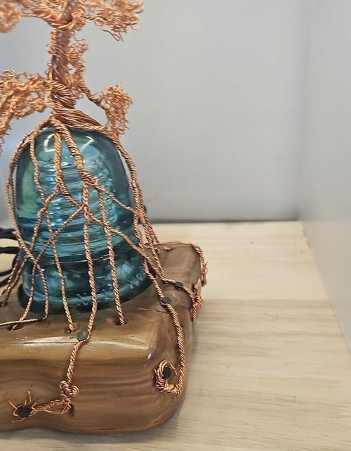 Load image into Gallery viewer, Copper Wire Bonsai Tree On Lighted Glass Insulator And Wood Base 10&quot; Handcrafted
