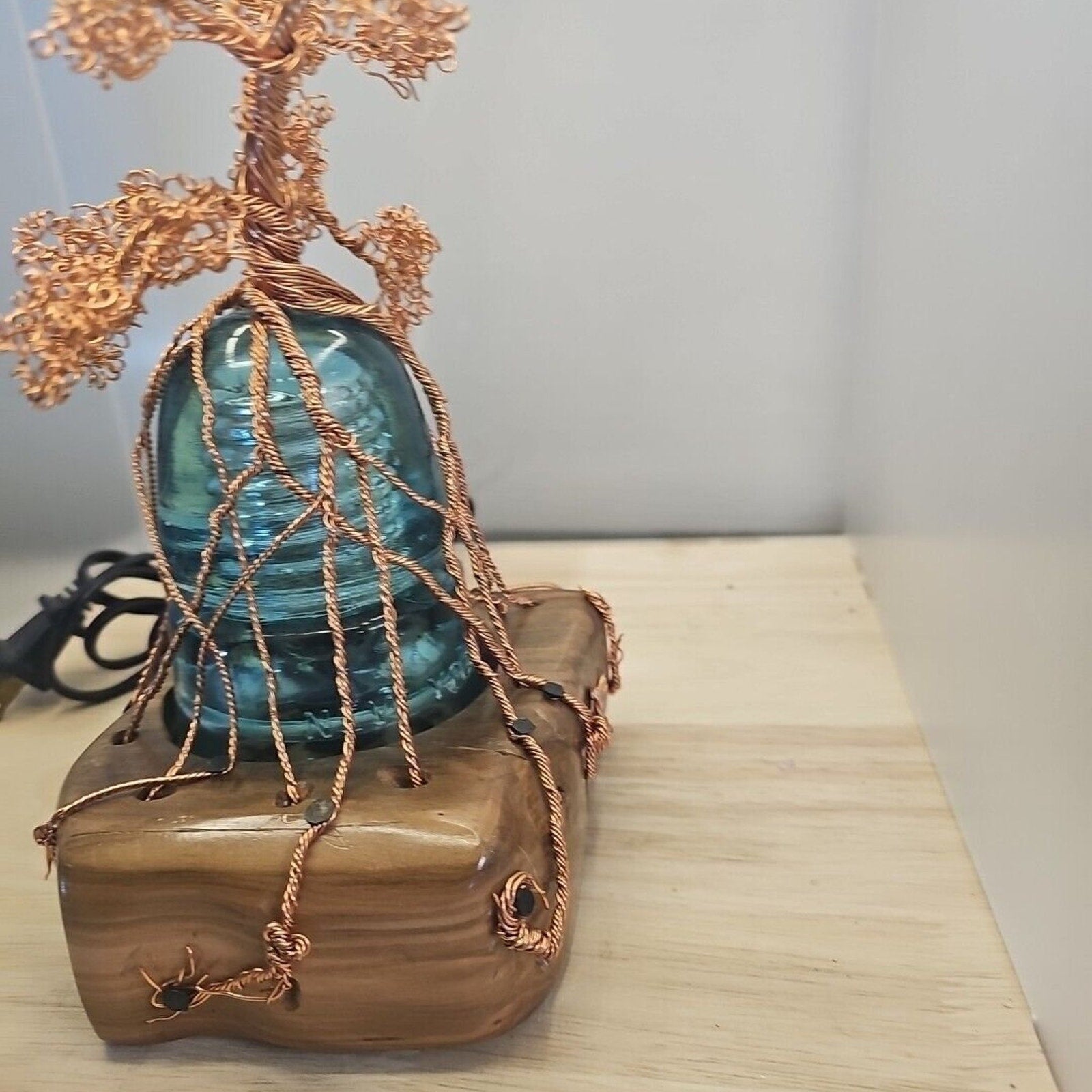Copper Wire Bonsai Tree On Lighted Glass Insulator And Wood Base 10" Handcrafted