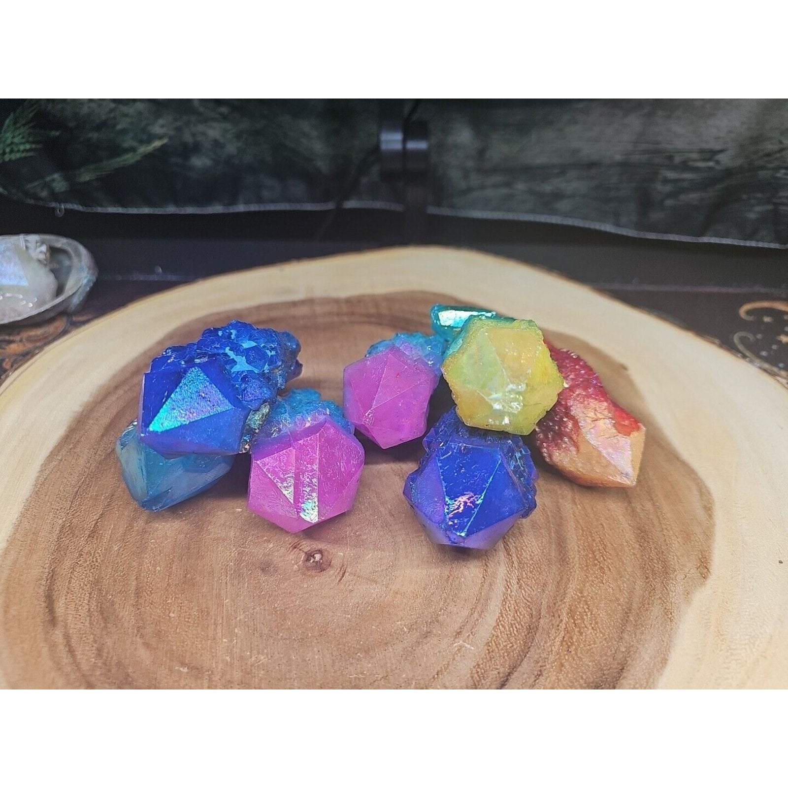 1.75LB 7Pcs Rainbow Aqua Aura Quartz Crystal Cluster Points Titanium Coating