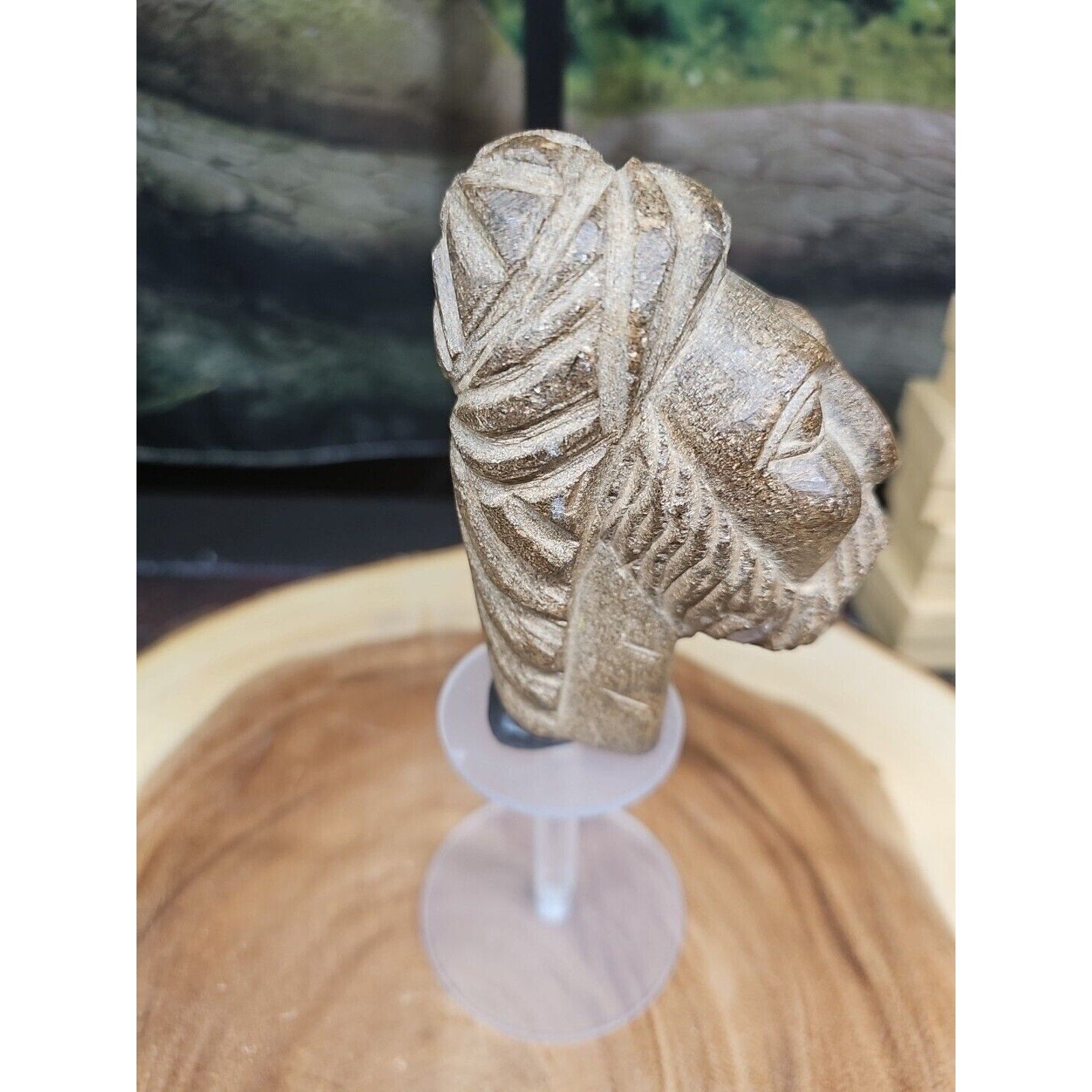 Vintage ABSTRACT STONE HEAD Sculpture Stone 1 lb W/Stand