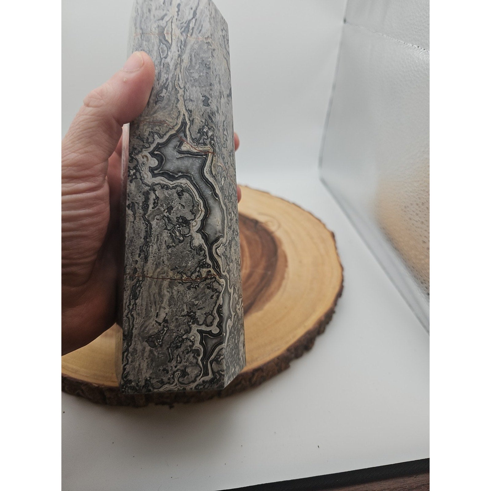 3.81LB 1Pcs Natural Gray Crazy Lace Jasper Crystal Point Tower Healing
