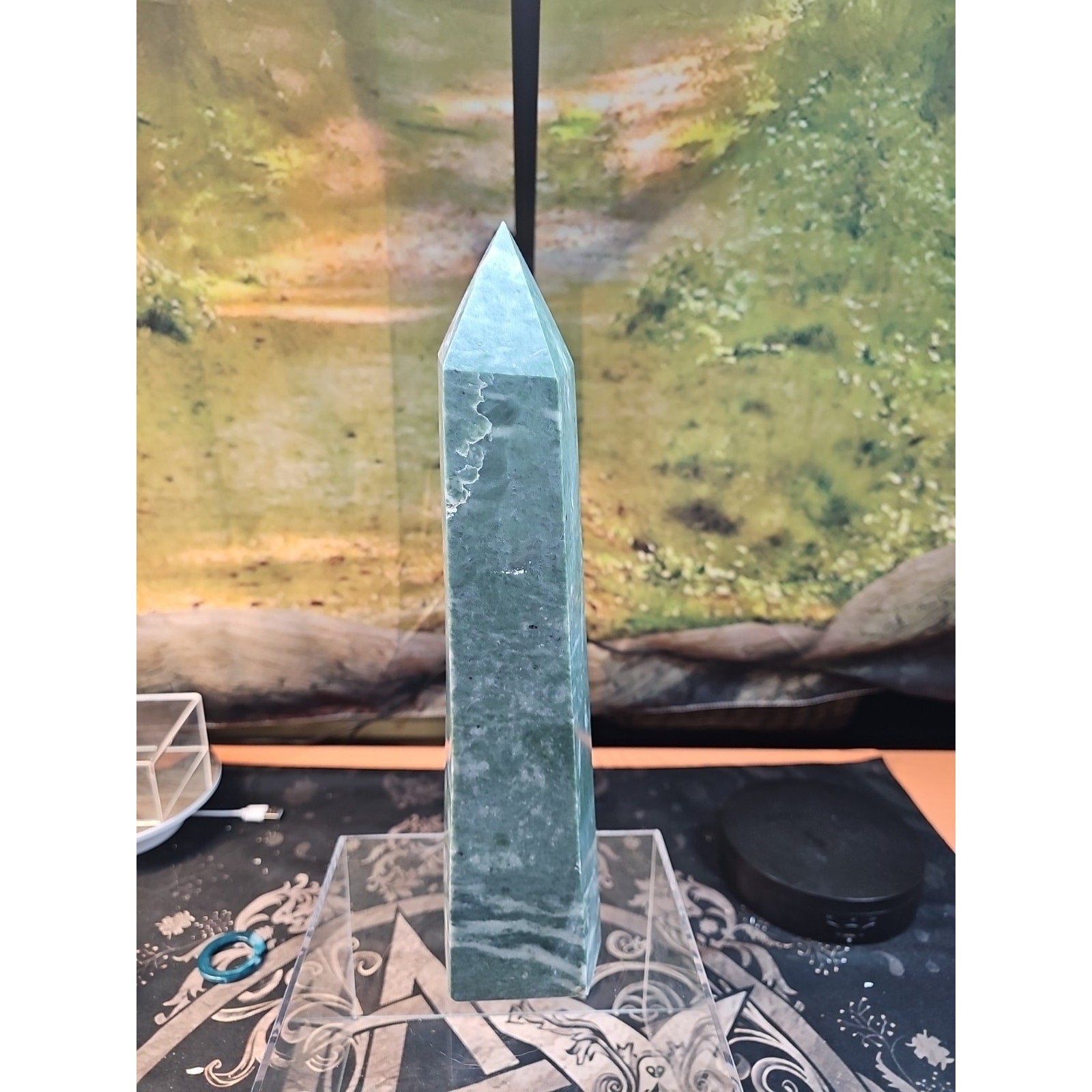 4.69lbs 12in Tall Green Jasper Crystal Point Tower Healing