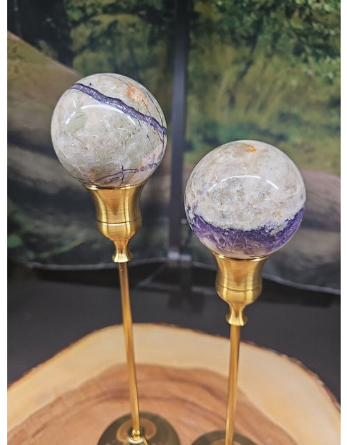 Load image into Gallery viewer, Amethyst Chevron Sphere Pair W/Stands
