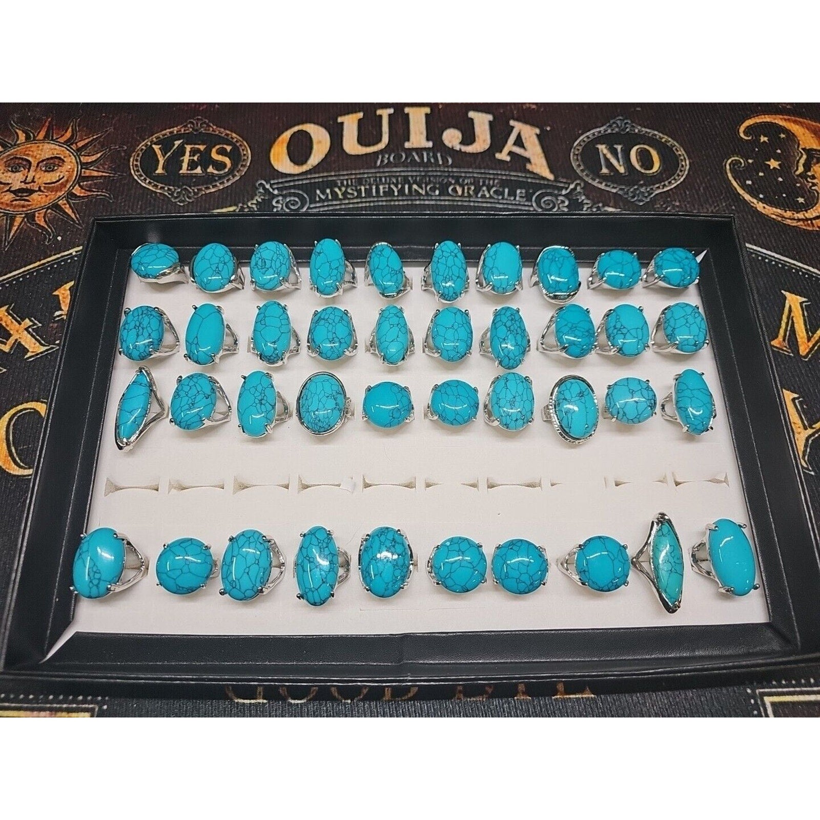 Wholesale Stone Ring Lot 40pcs W/ Box Multiple sizes Turquoise pattern
