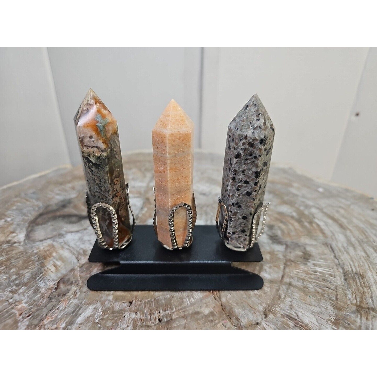 313g 3Pcs A Set Of Natural Quartz Crystal Jasper Point Tower Polished W/STAND