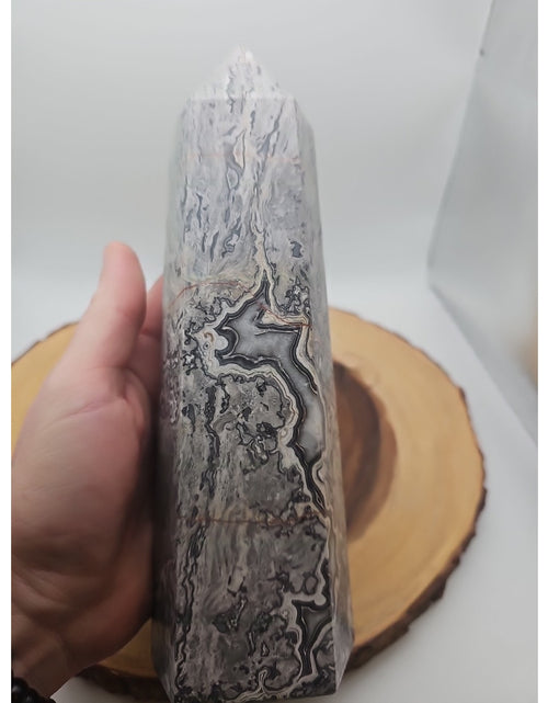 Load image into Gallery viewer, 3.81LB 1Pcs Natural Gray Crazy Lace Jasper Crystal Point Tower Healing
