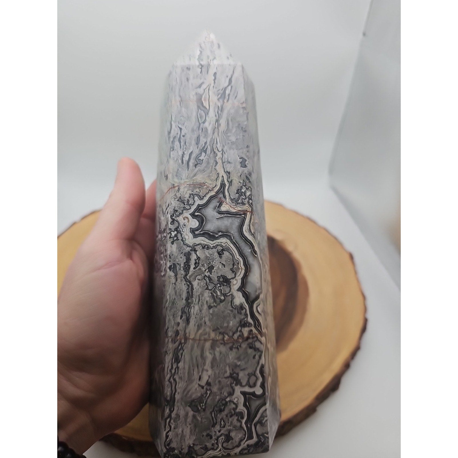 3.81LB 1Pcs Natural Gray Crazy Lace Jasper Crystal Point Tower Healing