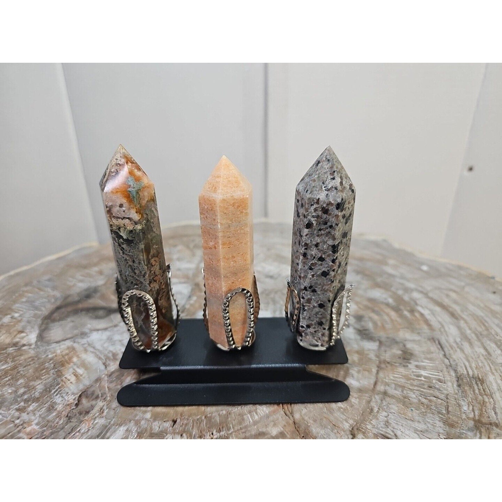 313g 3Pcs A Set Of Natural Quartz Crystal Jasper Point Tower Polished W/STAND