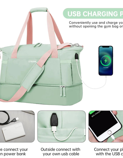 Load image into Gallery viewer, ETRONIK Gym Bag for Women, Travel Duffel Bag with USB Charging Port, Weekender Overnight Bag with Wet Pocket &amp; Shoes Compartment for Women, Travel, Gym, Yoga (Green Pink) Medium Pink Green
