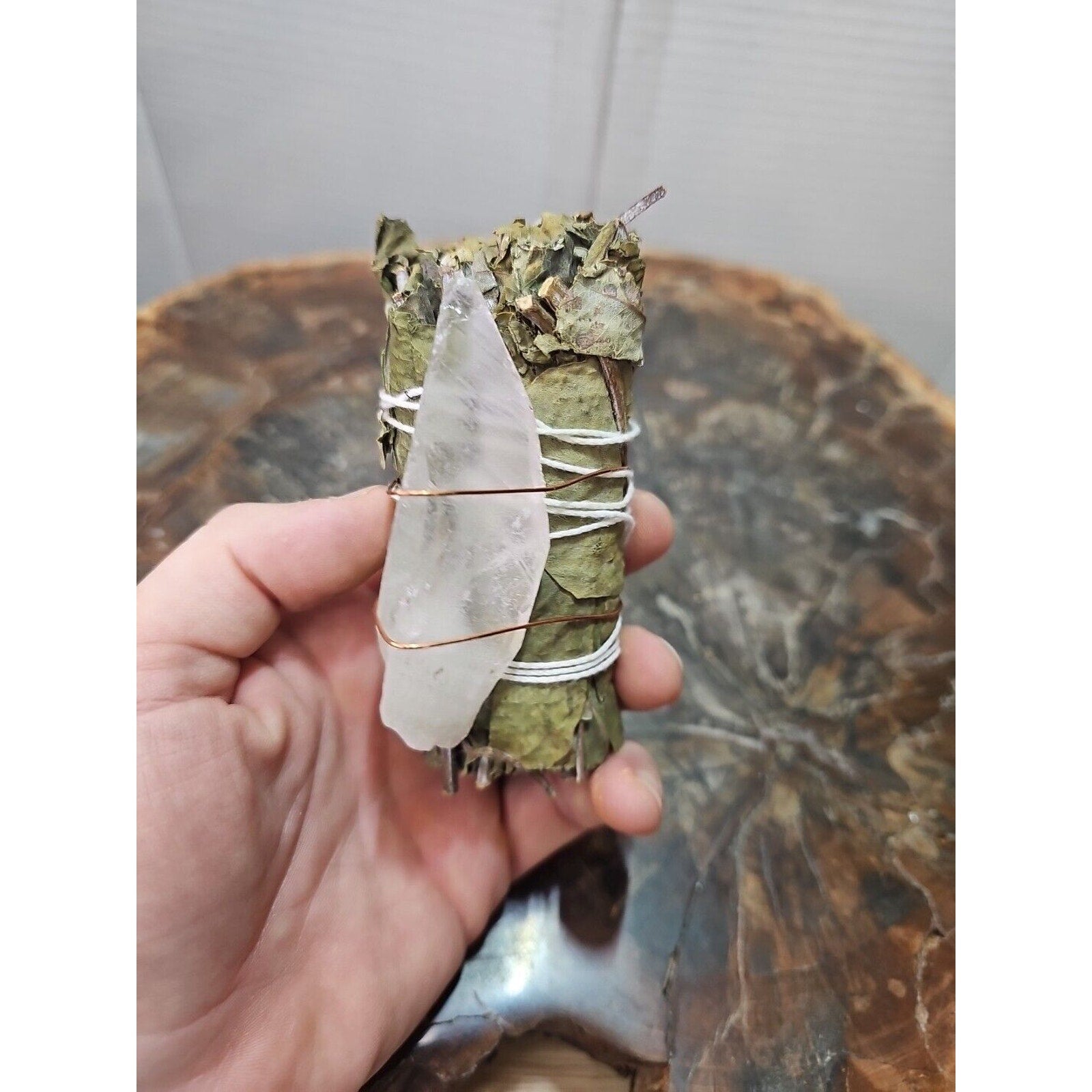 Bay Leaf wrapped crystal W/ Huge White Quartz Healing