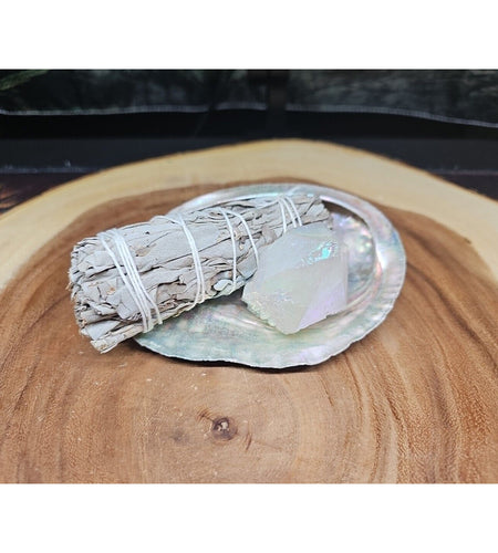 Large Abalone Shell 5-6": Smudging Sage Sticks Display Sea Shell W/Quartz Point